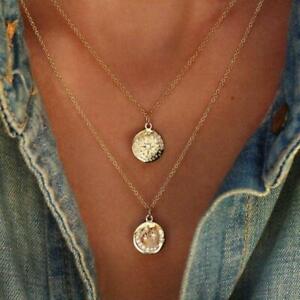 New Roman Star Moon Coin Hammered Layered Women Necklace Pendant Gold Plated