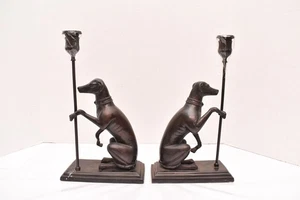 Coppia di portacandele vintage Art Deco Maitland Smith bronzo cane levriero figura- - Foto 1 di 20