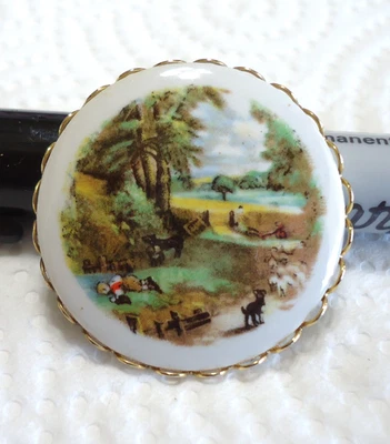 Vintage Ceramic & Metal Picture Button PASTURE SCENE 1 3/8" Man Down - Image 1 of 4