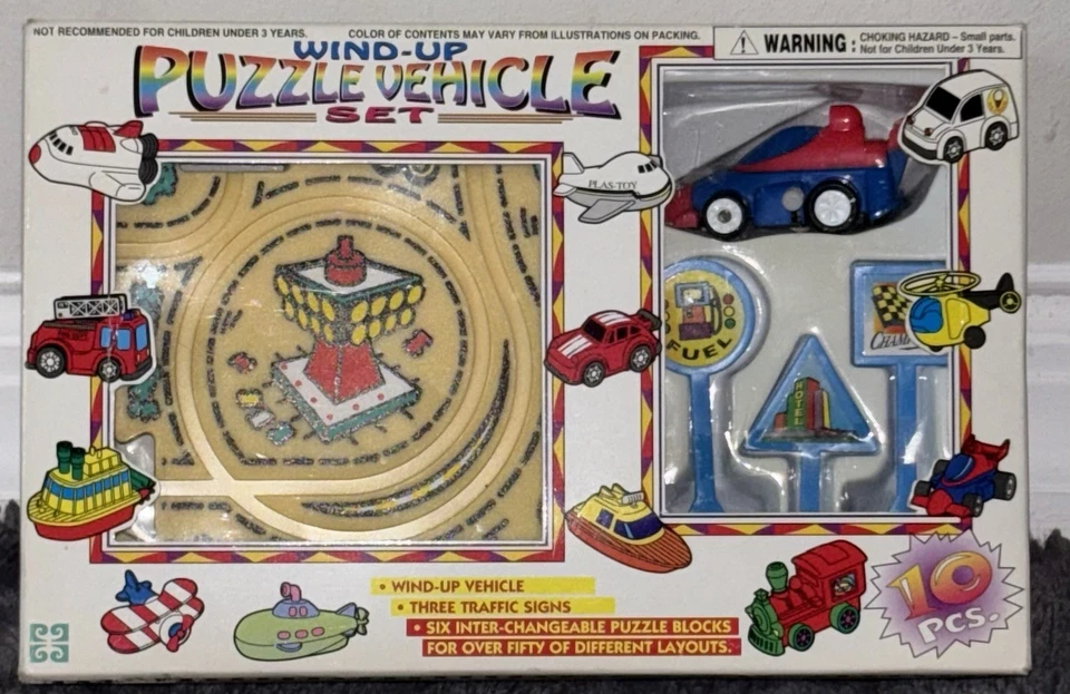 Conjunto de veículo quebra-cabeça Wind-Up: CARRO DE CORRIDA VERMELHO E PISTA DA CIDADE com 3 placas de trânsito 9281R RARO - Imagem 1 de 4