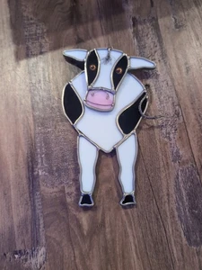 7" STAINED GLASS COW ORNAMENT SUNCATCHER BLACK WHITE WITH Googly Eyes - Picture 1 of 6