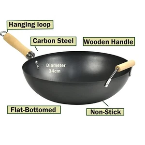 Carbon Steel Wok With Wooden Handle Stir Fry Non Stick Frying Pan 34cm 13.5" - Picture 1 of 2