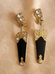 Statement Vintage Crystals Black Art Deco Enamel Earrings Dangles 68mm - Picture 1 of 4