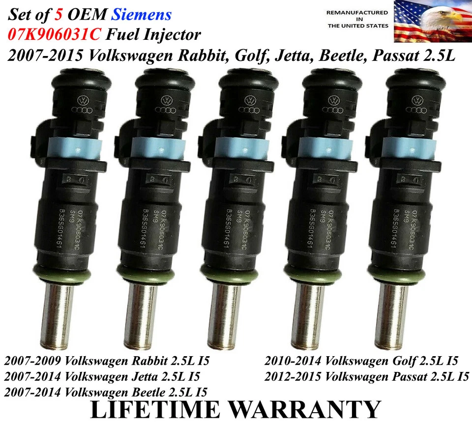 OEM Siemens Set of 5 Genuine Fuel Injectors For 2010-2014 Volkswagen Golf 2.5 I5 - Image 1 of 1