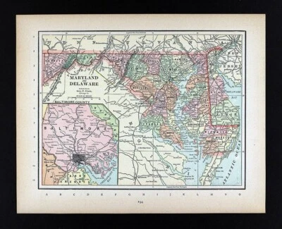 Карта 1894 Cram Мэриленд Делавэр Вашингтон округ Колумбия Балтимор Мэриленд Чесапикский залив - Изображение 1 из 4