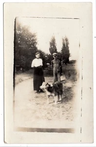 DOG RPPC MOM Woman BOY Bib Denim Overalls AZO OLD Vintage Real Photo Postcard - Picture 1 of 2