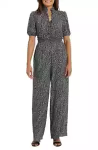 London Times Plus Puff Sleeve Front Zip Jumpsuit 22W Black/Ivory Smocked Waist - Picture 1 of 18