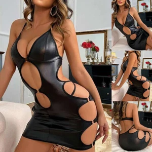 Women Sexy PU Leather Wet Look Lingerie Hollow Babydoll Lingerie Underwear Sissy - Picture 1 of 13