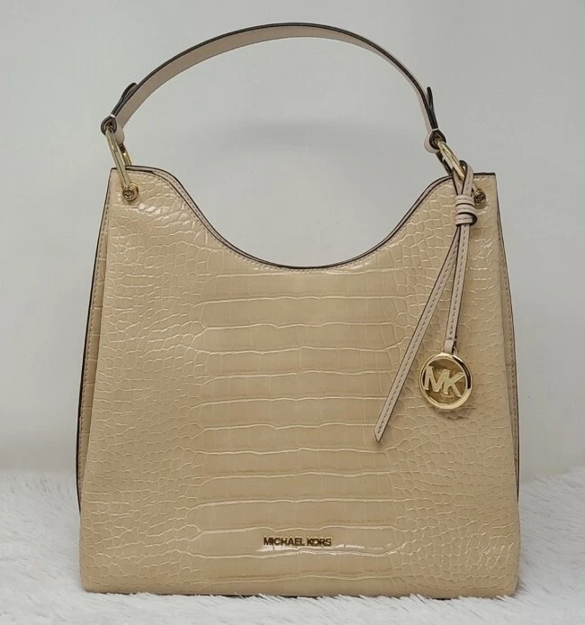 Michael Kors Joan Large Hobo Shoulder Bag Wallet in Buff Embossed Leather Gold