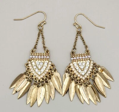 Earrings Boho Dangle Fringe Brown Gold Fish Hook 2 Inch Long Feathers - Image 1 of 4