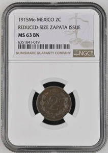 1915Mo Mexico 2 Centavos Reduced Size Zapata Issue NGC MS63BN - Picture 1 of 2