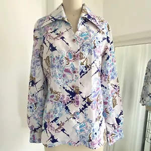 Vintage 70s Disco Flower Polyester Big Butterfly Collar Shirt Mod M - Picture 1 of 6