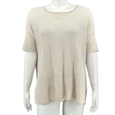 Eileen Fisher Top Feminino Grande Listra Creme Malha Transparente 100% Linho Orgânico Praia - Imagem 1 de 4