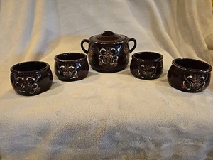 Vtg Relco Red-ware Brown Betty Redware Bean Pot Handpainted Moriage Japan w/ Lid - Picture 1 of 4