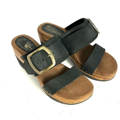 White Mountain Footbeds Slip On Platform Wedge Heel Sandals Black Leather Size 8 - Image 1 of 4