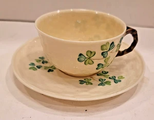 Vintage Belleek 5th Green Mark Shamrock Tea Cup & Saucer Set Ireland - Picture 1 of 5