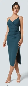 Halara Softlyzero Airy Crossover Ruched Backless Dress Size M Ink Green - Picture 1 of 11