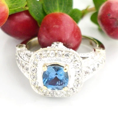 Anel de ouro branco 14k azul turmalina e topázio branco halo declaração tamanho 7,25 - Imagem 1 de 4