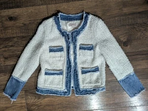 Chaqueta de tweed blanca suave Nanette Lepore detalles de mezclilla azul para mujer botones medianos  - Imagen 1 de 22