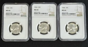 1964 Washington Silver Quarter 25c - NGC GRADED MS64- LOT OF THREE COINS - Picture 1 of 2