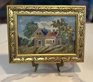 Small Vintage Gold Framed Needlepoint – Farmhouse Cottage Landscape Scene - Picture 1 of 19