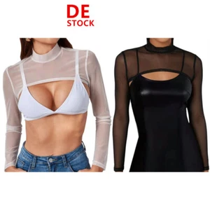 DE Damen Durchsichtig Crop Top Langarm Sehr zucken Netz Shirts Party Clubwear - Picture 1 of 19