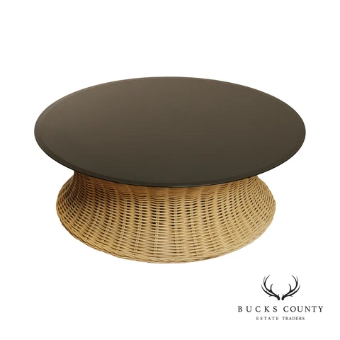 Vintage Wicker Rattan Round Smoked Glass Top Coffee Table Cover
