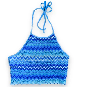 Ladies New Look Blue Crocheted Cropped Summer Halterneck Vest Tank Top Size 6 - Picture 1 of 3