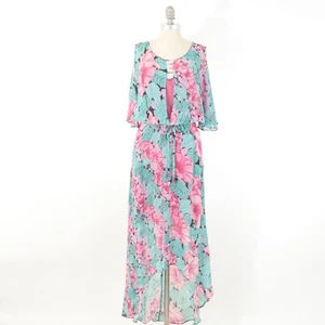 Vestido Leifnotes 6 Floral Chifón Drapeado Blusa Dobladillo Alto-Bajo Mangas Aleteador Midi - Imagen 1 de 6