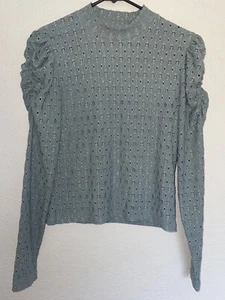 Pigalle Knit Top Green Stretch Puffy Shoulders Perforated Eyelet Long Sleeve XS - Picture 1 of 6