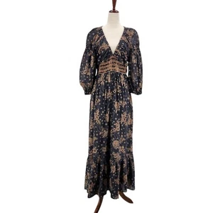 Free People Womens Small Dress Golden Hour Maxi V-neck Floral Balloon Sleeve - Picture 1 of 11