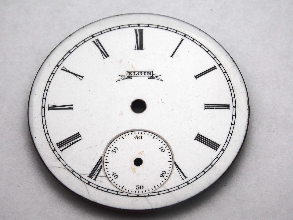 Esfera de reloj para relojes de bolsillo blanca 34 mm negra número romano Mrkrs vintage Elgin Foto 1 de 1