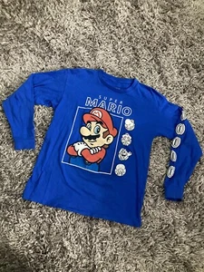 Children’s Super Mario Longsleeve Tshirt Blue Size XL Luigi Toad Yoshi Peach - Picture 1 of 5