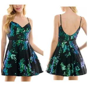 Vestido CIty Studios Juniors Cuello en V Lentejuelas Ajuste y Acampanado Talla 7/8 Verde Negro - Imagen 1 de 12