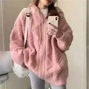 Koreanische Strickjacke Kapuze Damen Mode Winter Freizeit locker Reißverschluss dick - Bild 1 von 23