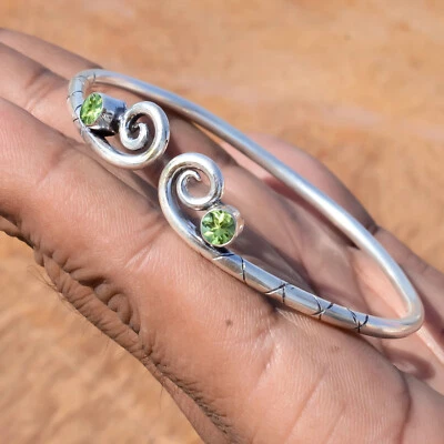 Green Peridot Cut Gemstone 925 Sterling Silver Cuff Bangle For Everyone Gift - Image 1 of 4