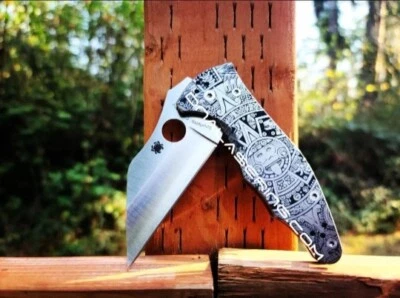 Aztec Calendar - Spyderco Yojimbo 2 - Deep Laser Engraved - Titanium Scales - Image 1 of 3