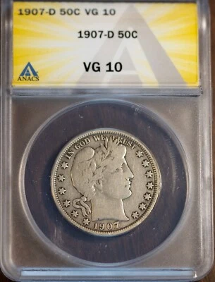 1907-D 50c Silver Barber Half-dollar VG 10 New ANACS # 7472025 + Bonus - Image 1 of 2