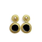 Vintage Matte Goldtone Faux Pearl Black Enamel Double Circle Post Earrings