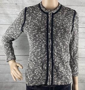 Ann Taylor Full Zip Cardigan Sweater XS Black White Gray Marled Knit Slim Fit - Picture 1 of 12
