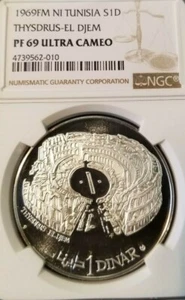 1969 TUNISIA SILVER 1 DINAR THYSDRUS EL DJEM NGC PF 69 ULTRA CAMEO TOP POP - Picture 1 of 3