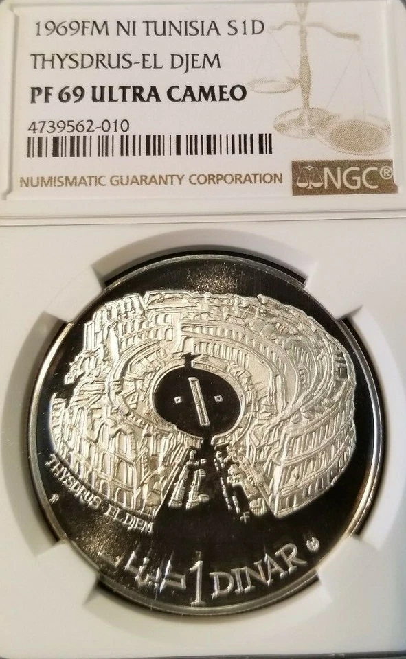 1969 TUNISIA SILVER 1 DINAR THYSDRUS EL DJEM NGC PF 69 ULTRA CAMEO TOP POP - Image 1 of 3
