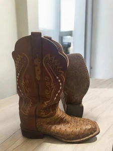 stivali lucchese cowgirl pelle pieno quill struzzo marrone/bianco taglia 10 B 35530 - Foto 1 di 11