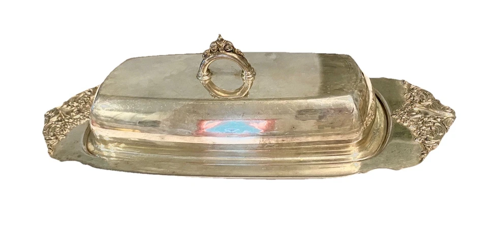 Plato de mantequilla vintage de plata Wallace barroco 206 años 40 con tapa de inserción de vidrio Foto 1 de 4