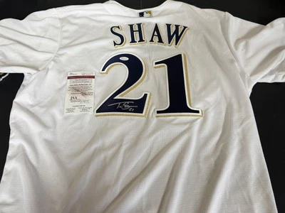 Travis Shaw Milwaukee Brewers Auto Signed Home Jersey JSA Witness COA - Image 1 of 3