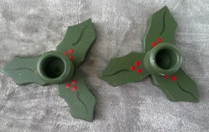 Set 2 portacandele vintage in legno dipinto a mano Natale edera foglie di agrifoglio - Foto 1 di 14