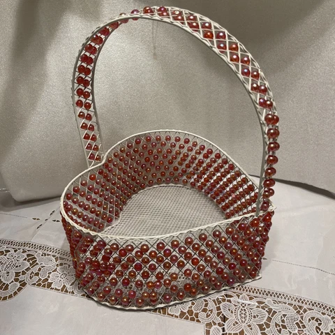 Heart Shaped Easter Basket W/ Handle Dangly pink beads White Wire Very Sturdy Cover