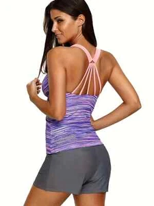 Beachwear Essential, Women's Plus Size Tankini Swimsuit Set, Striped V-Neck Top - Picture 1 of 3