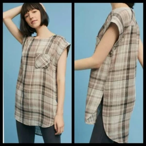 Anthropologie Akemi + Kin Cleora Brown Plaid Top Short Sleeve Pocket Tunic - Picture 1 of 8
