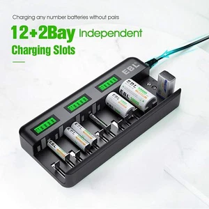 12+2 Bay LCD Rechargeable Battery Charger for AA AAA C D Ni-MH Ni-CD (AC Power) - Picture 1 of 10